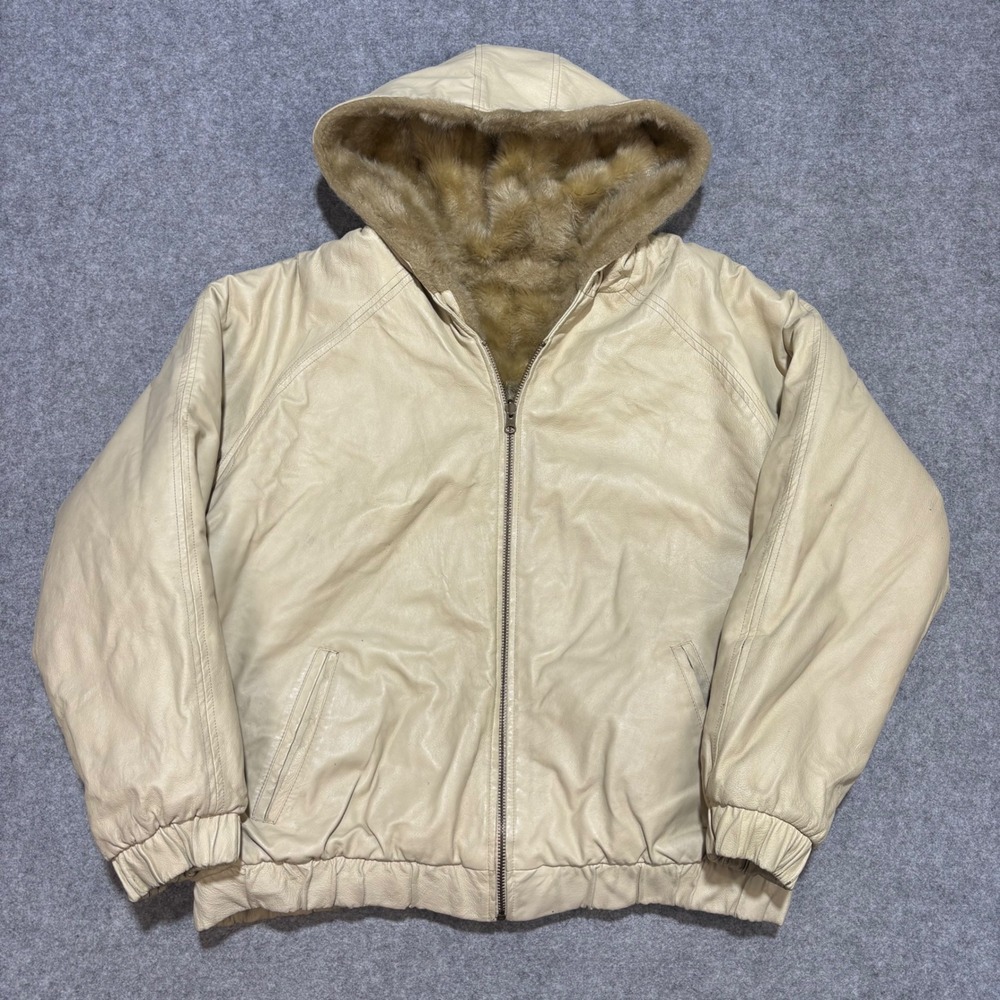 Vintage Reversible Genuine Leather Faux Fur Hooded Bomber Jacket Cream Tan Mens